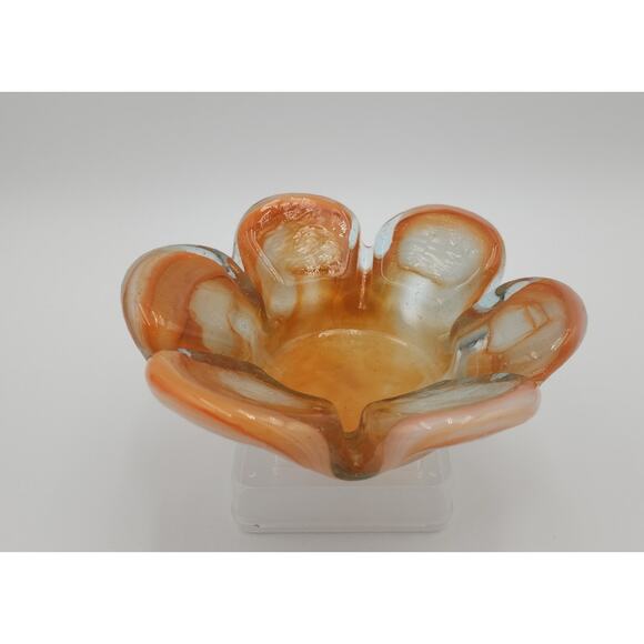 VTG MCM Mexican Handblown Glass Amber White Petal Bowl Flower Shape Trinket Dish - Picture 6 of 11